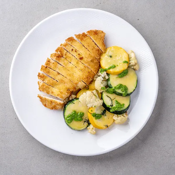 Low-carb Breaded Chicken Kiev with Baked Cheesy Basil Vegetables